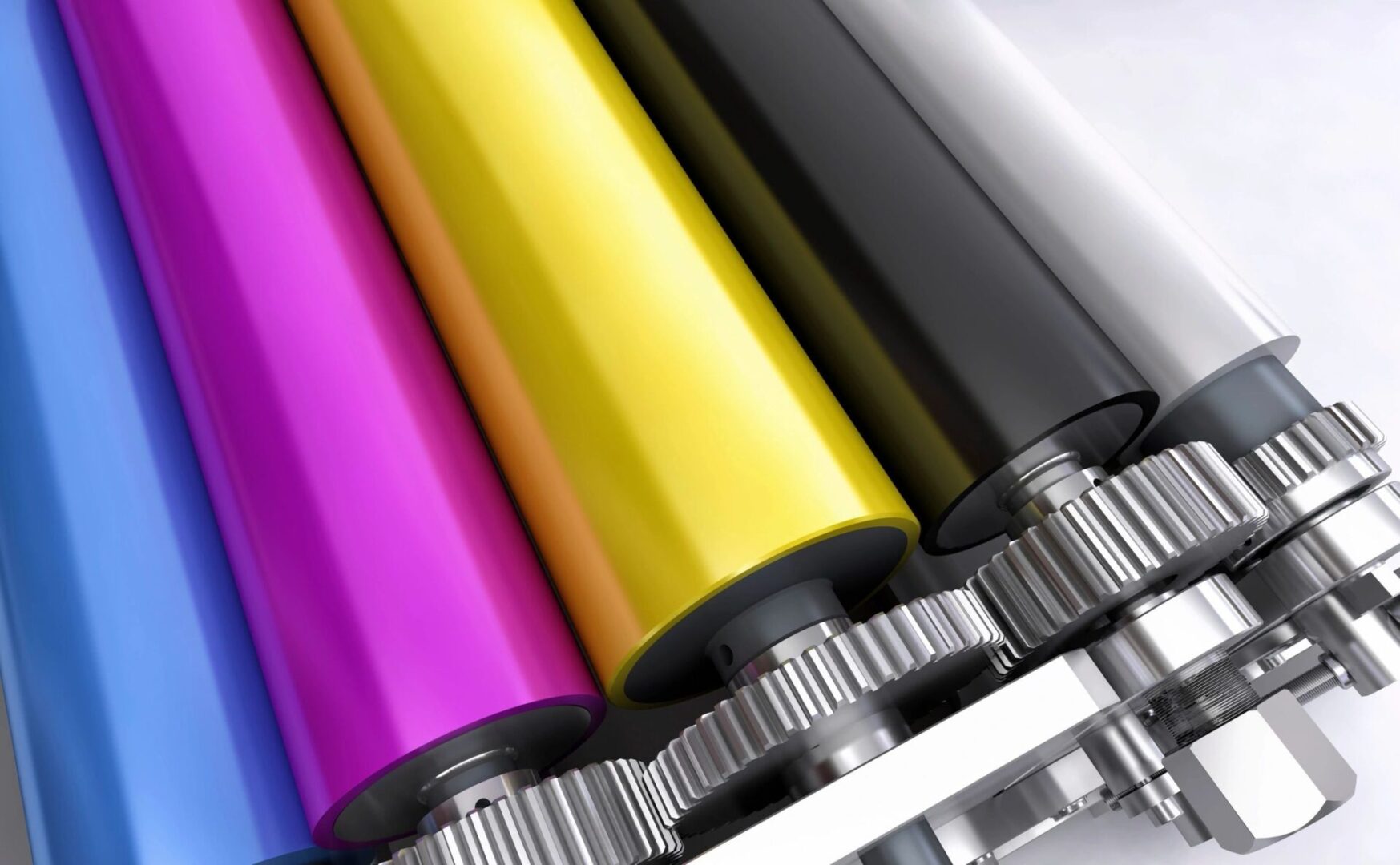 A group of printer rolls with different colors.
