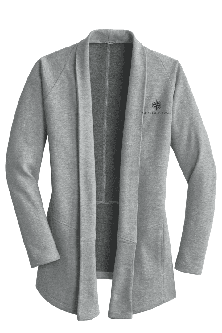 A gray cardigan with a pocket on the front.