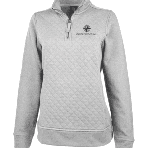 A women 's quilted 1 / 4 zip pullover with the words " grace upon grace ".
