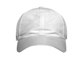 A white baseball cap is shown on a green background.