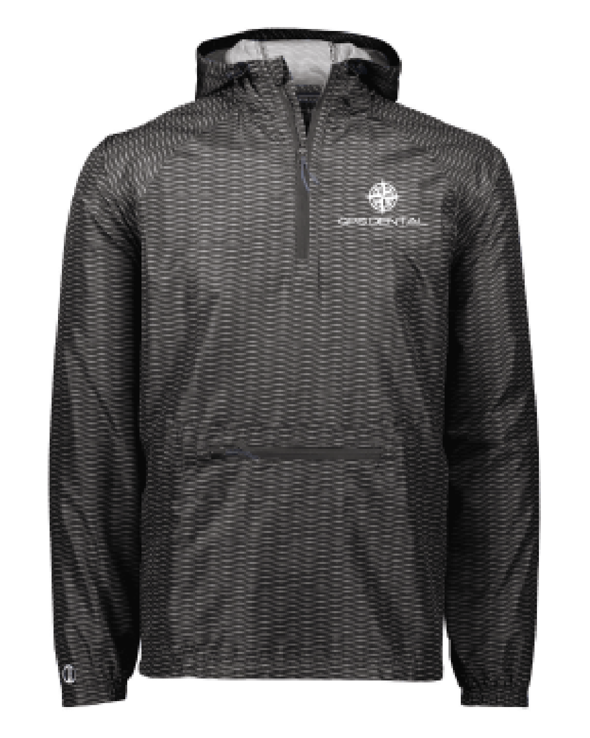 Black hooded jacket with white logo design.