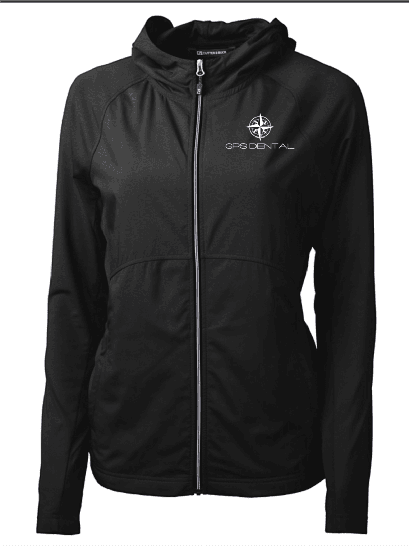 Black hooded jacket with logo design.