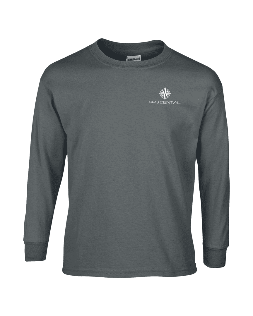 Charcoal long-sleeve tee with white compass logo
