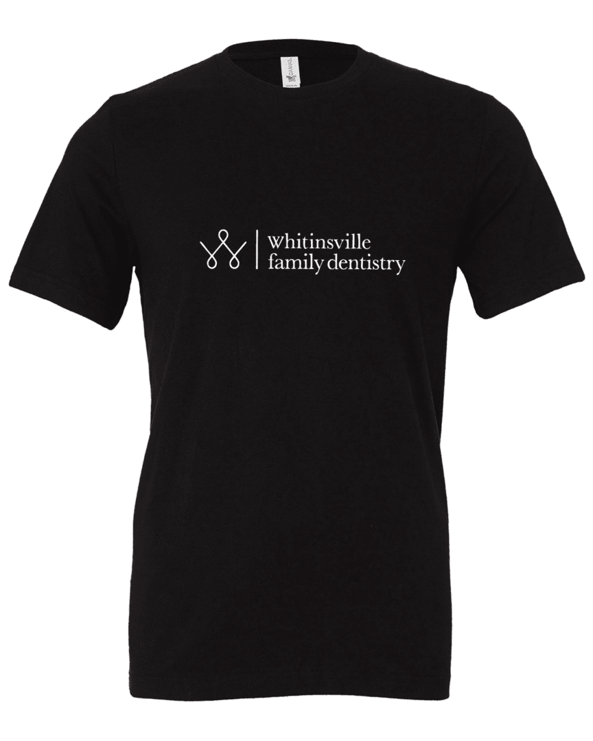 Black T-shirt with dental clinic logo.