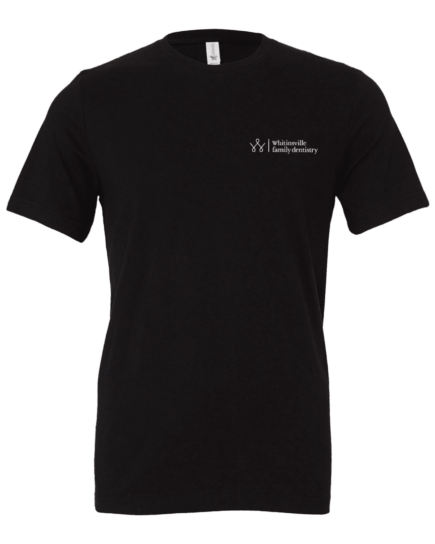 Black t-shirt with small white logo.