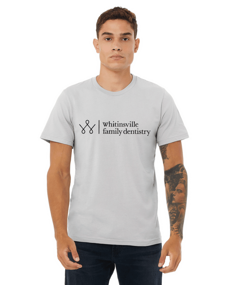 Man wearing Whitinsville Family Dentistry t-shirt.